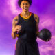 three-time Olympic gold medalist and six-- time Women's National Basketball Association (WNBA) all-star Brittney Griner, in her basketball uniform, holding. basketball and smiling.